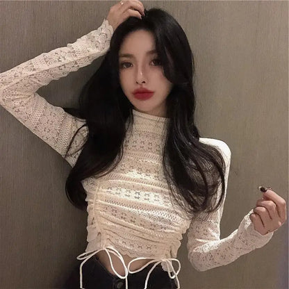 Blouse Women Summer Sexy High Street Chic Slim Party Solid Popular Long Sleeve Crop Top Ladies Hollow Out Fashionable Club Ins