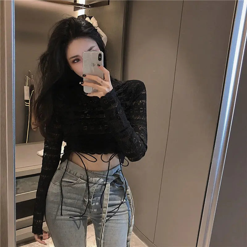 Blouse Women Summer Sexy High Street Chic Slim Party Solid Popular Long Sleeve Crop Top Ladies Hollow Out Fashionable Club Ins