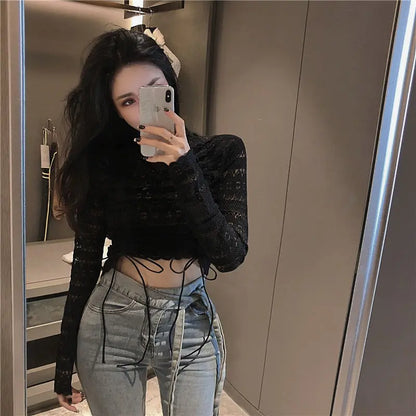 Blouse Women Summer Sexy High Street Chic Slim Party Solid Popular Long Sleeve Crop Top Ladies Hollow Out Fashionable Club Ins