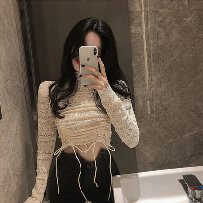 Blouse Women Summer Sexy High Street Chic Slim Party Solid Popular Long Sleeve Crop Top Ladies Hollow Out Fashionable Club Ins