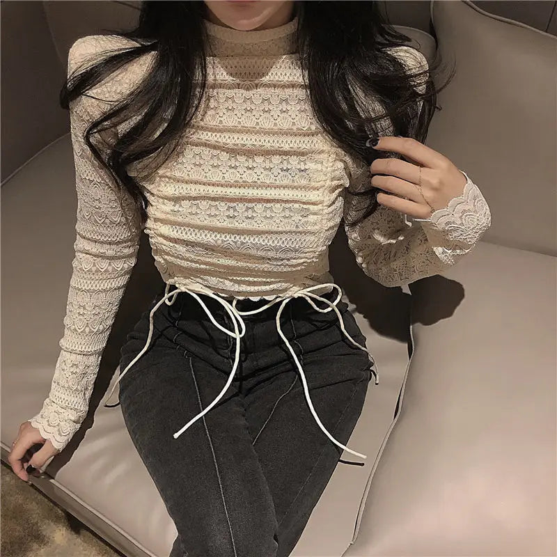 Blouse Women Summer Sexy High Street Chic Slim Party Solid Popular Long Sleeve Crop Top Ladies Hollow Out Fashionable Club Ins