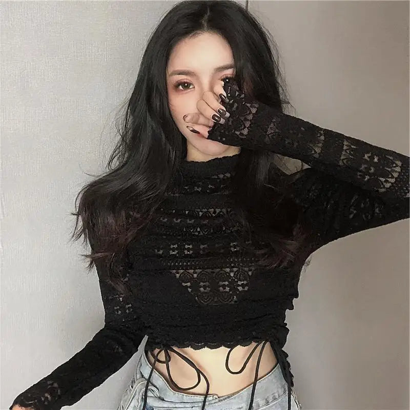 Blouse Women Summer Sexy High Street Chic Slim Party Solid Popular Long Sleeve Crop Top Ladies Hollow Out Fashionable Club Ins