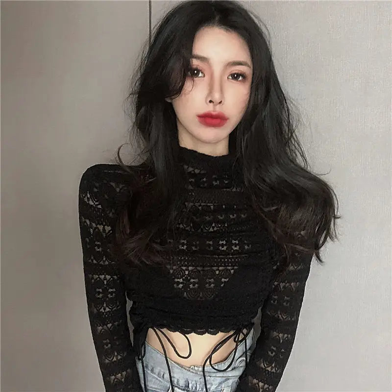 Blouse Women Summer Sexy High Street Chic Slim Party Solid Popular Long Sleeve Crop Top Ladies Hollow Out Fashionable Club Ins