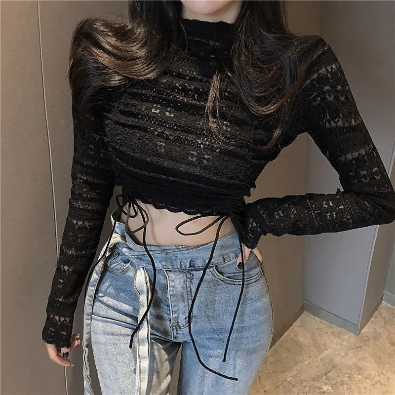 Blouse Women Summer Sexy High Street Chic Slim Party Solid Popular Long Sleeve Crop Top Ladies Hollow Out Fashionable Club Ins