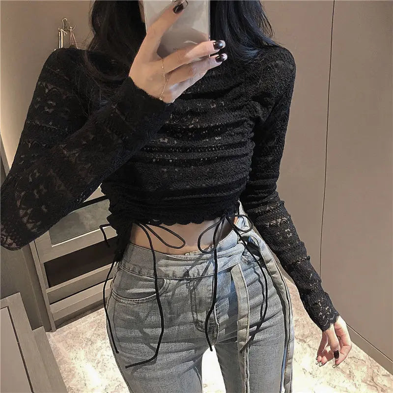 Blouse Women Summer Sexy High Street Chic Slim Party Solid Popular Long Sleeve Crop Top Ladies Hollow Out Fashionable Club Ins