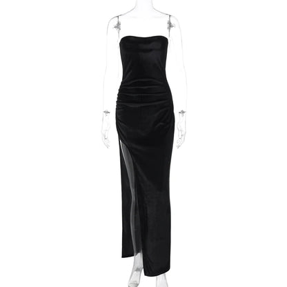 Hugcitar Velvet Strapless Black Draped Slit Elegant Sexy Bodycon Maxi Prom Dress 2023 Winter Women Outfits Evening Party Holiday