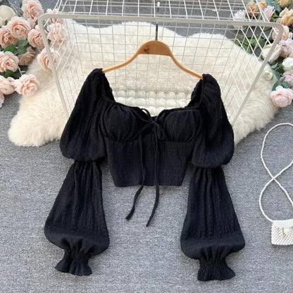 Chic Puff Long Sleeve Hotsweet Slim Blouse Elegant Korean Fashion Pleated Crop Top Sexy Shirt Sweet Spring Autumn Women Clothing