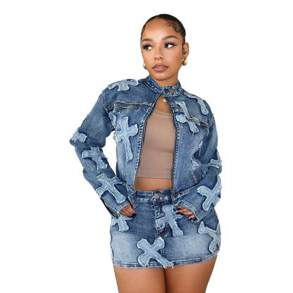 Y2K Sexy Denim 2 Piece Skirt Set Women Outfits Embroidery Jacket Winter Spring Streetwear Fashion Slim Two Piece Matching Set