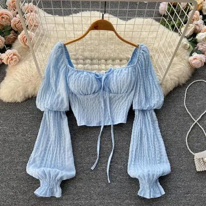 Chic Puff Long Sleeve Hotsweet Slim Blouse Elegant Korean Fashion Pleated Crop Top Sexy Shirt Sweet Spring Autumn Women Clothing