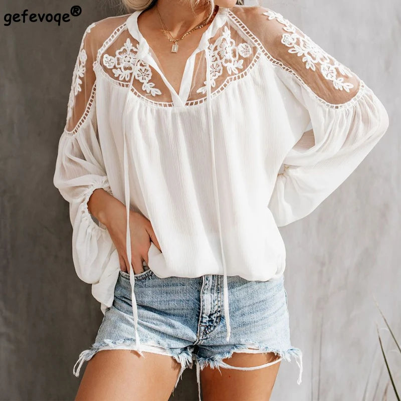 Summer Solid Color Chiffon Sexy Plus Size Shirts Loose V-neck Lace Hollow Out Embroidery Blouses Korean Fashion Women Clothing