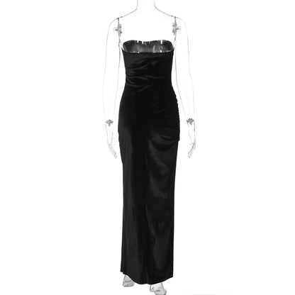 Hugcitar Velvet Strapless Black Draped Slit Elegant Sexy Bodycon Maxi Prom Dress 2023 Winter Women Outfits Evening Party Holiday