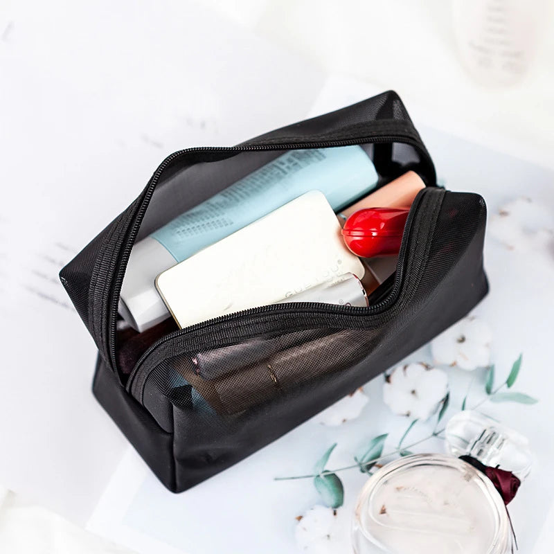 Transparent Mesh Makeup Case Casual Zipper Toiletry Wash Bags Make Up Women Travel Cosmetic Bag Organizer Storage Pouch