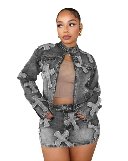 Y2K Sexy Denim 2 Piece Skirt Set Women Outfits Embroidery Jacket Winter Spring Streetwear Fashion Slim Two Piece Matching Set